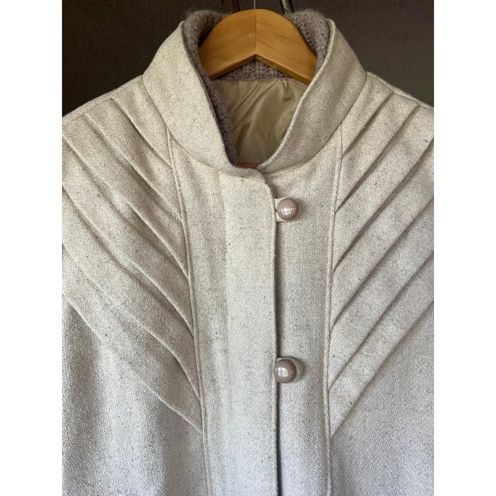 Vintage 70s Cream Wool Pleated Sunburst Jacket Puff Shoulder Quiet Luxury - Picture 5 of 16